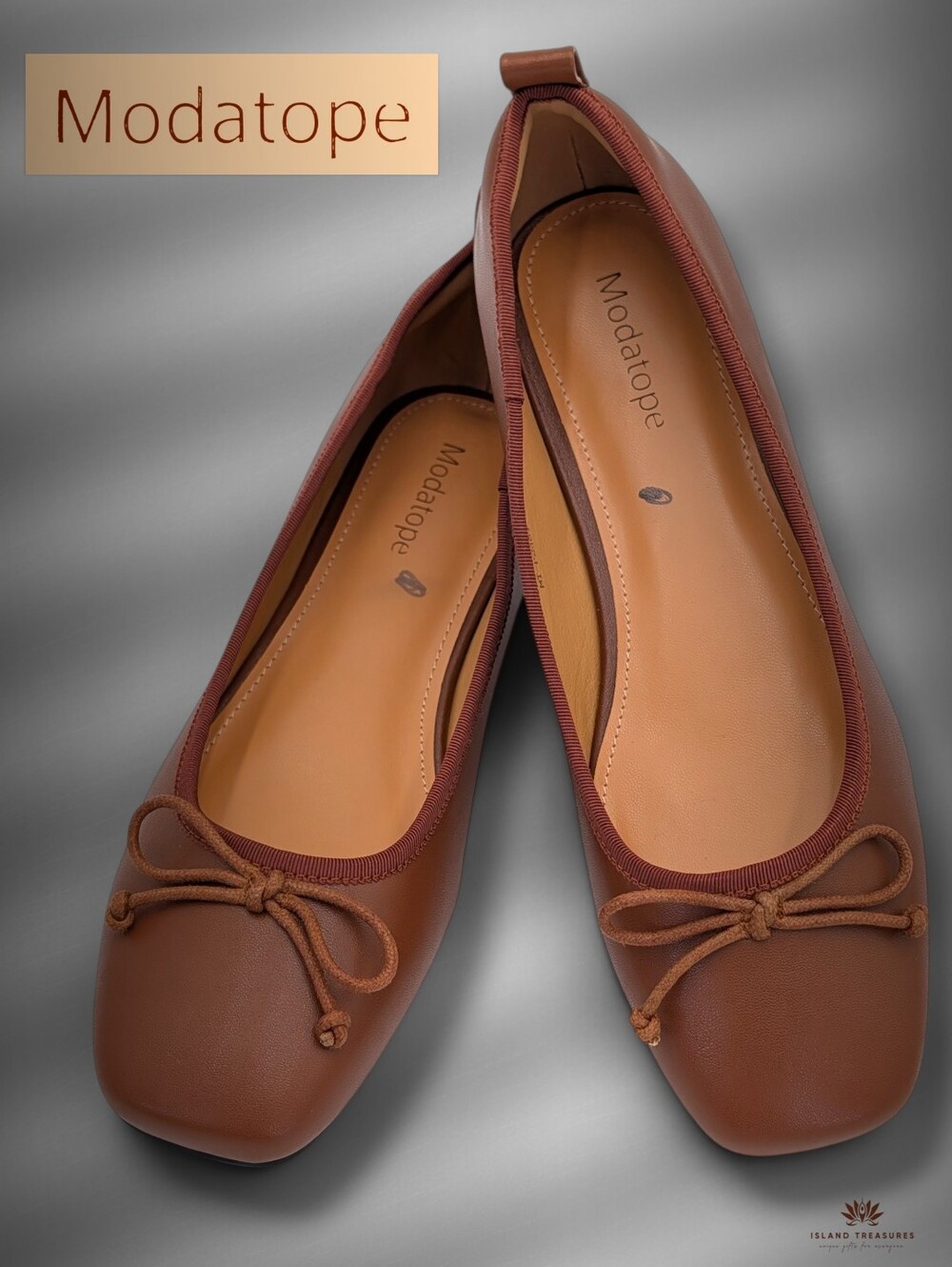 Modatope Sz 9 Square Toe Ballet Flats Brown Faux Leather Bow Knot Slip On Womens